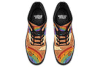 Brown boots with a retro-style design of guitars, clouds, rainbows, peace signs and music notes.