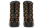 Black boots with an orange bat repetitive pattern.