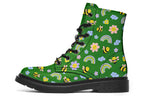 Cute bees and rainbows design on a green background.