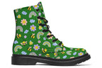 Cute bees and rainbows design on a green background.
