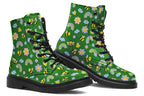 Cute bees and rainbows design on a green background.