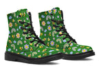 Cute bees and rainbows design on a green background.