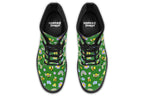 Cute bees and rainbows design on a green background.