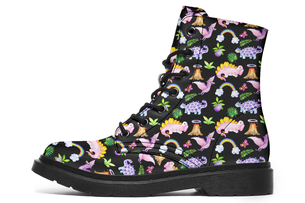 Black boots featuring a patterns of pink and purple dinosaurs, rainbows and plants.