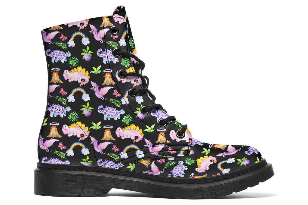 Black boots featuring a patterns of pink and purple dinosaurs, rainbows and plants.