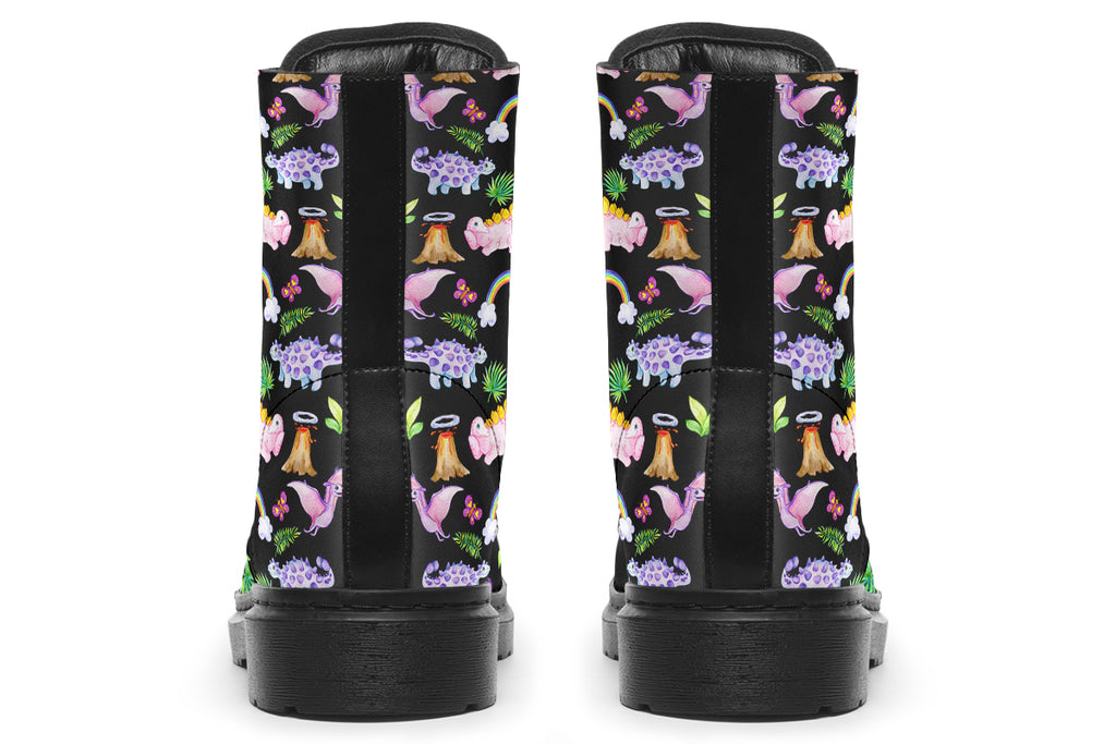 Black boots featuring a patterns of pink and purple dinosaurs, rainbows and plants.
