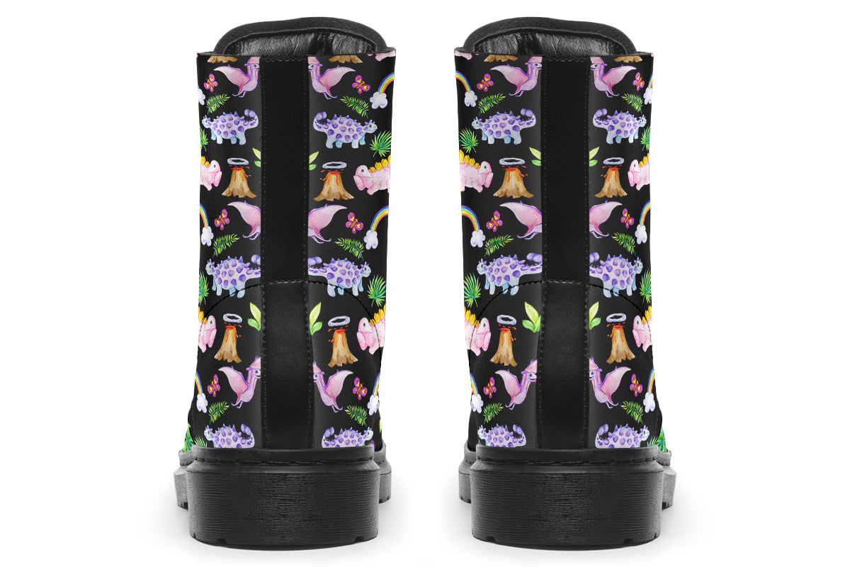 Black boots featuring a patterns of pink and purple dinosaurs, rainbows and plants.
