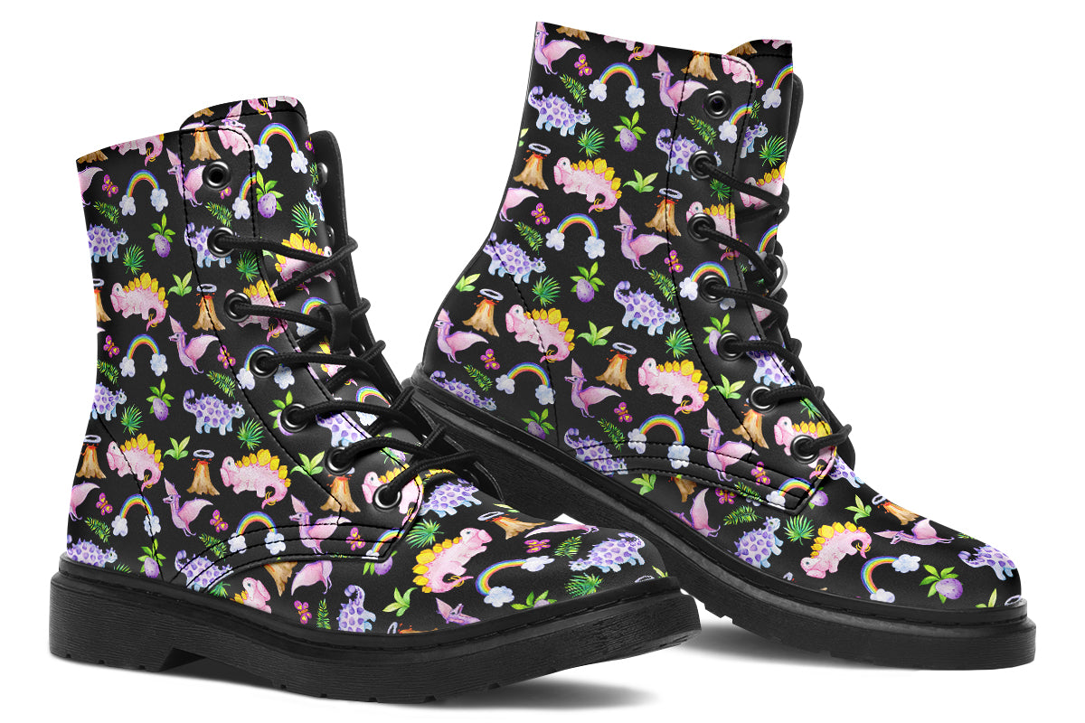 Black boots featuring a patterns of pink and purple dinosaurs, rainbows and plants.