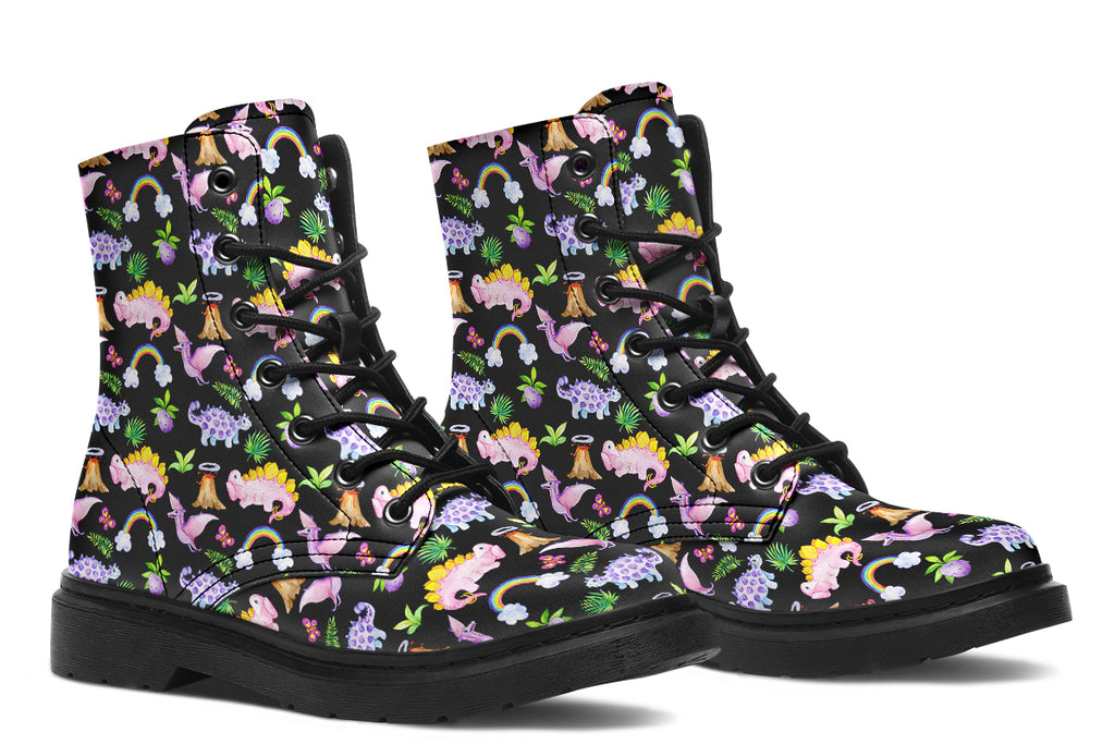 Black boots featuring a patterns of pink and purple dinosaurs, rainbows and plants.