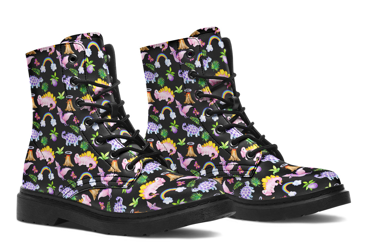 Black boots featuring a patterns of pink and purple dinosaurs, rainbows and plants.