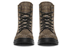 Dark brown boots with a gold hieroglyphics pattern