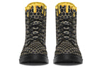 Black boots with a yellow honeycomb pattern, with the image of dripping honey on the top of the boots as if the honey is dripping down the boots