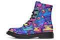 Boots featuring a busy pattern of psychedelic-looking frogs in hues of blues, purples, greens and yellows.
