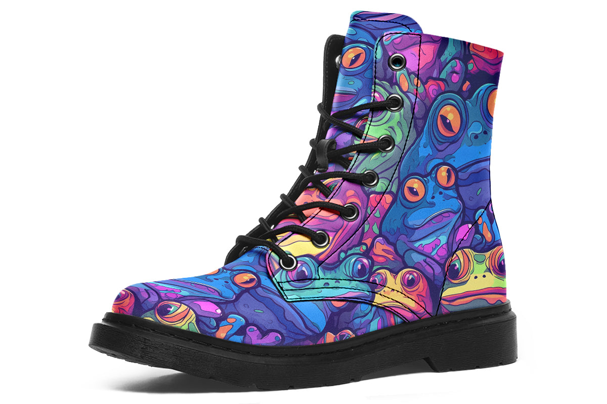 Boots featuring a busy pattern of psychedelic-looking frogs in hues of blues, purples, greens and yellows.
