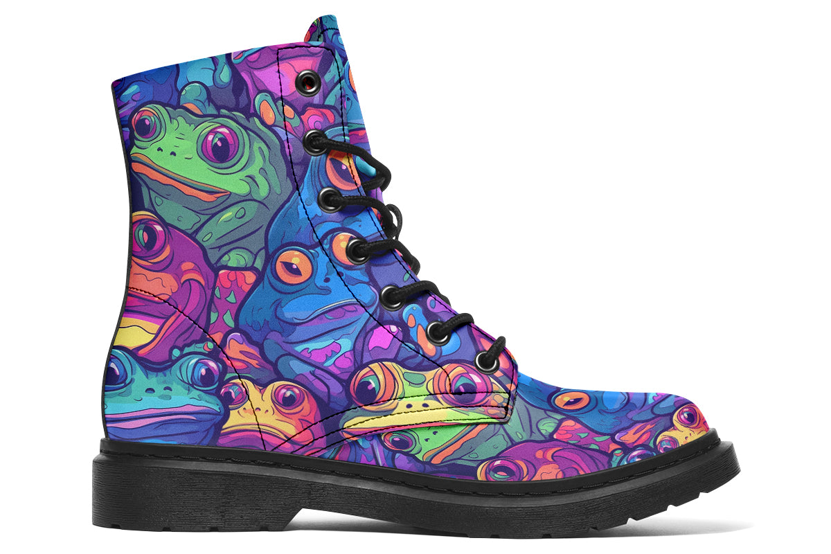 Boots featuring a busy pattern of psychedelic-looking frogs in hues of blues, purples, greens and yellows.