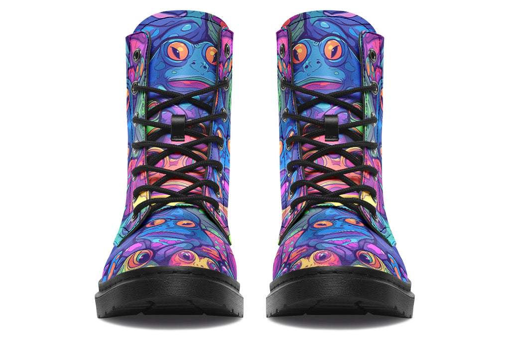 Boots featuring a busy pattern of psychedelic-looking frogs in hues of blues, purples, greens and yellows.