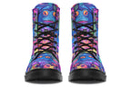 Boots featuring a busy pattern of psychedelic-looking frogs in hues of blues, purples, greens and yellows.