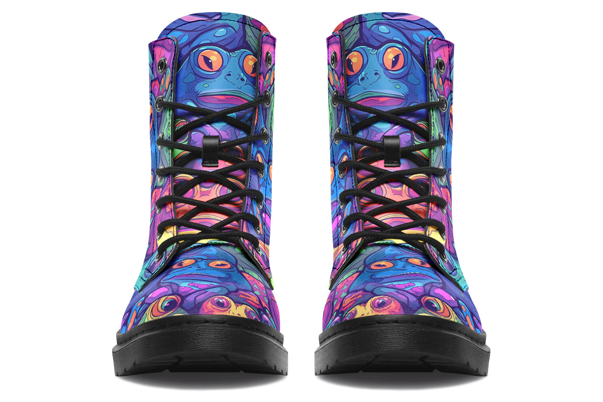 Boots featuring a busy pattern of psychedelic-looking frogs in hues of blues, purples, greens and yellows.