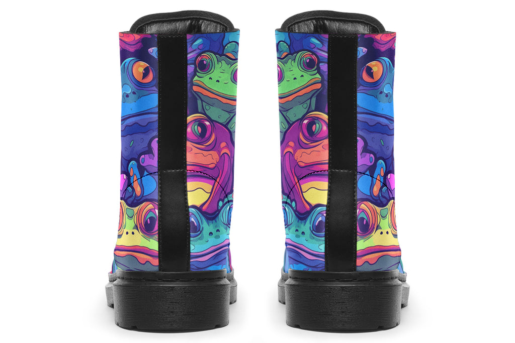 Boots featuring a busy pattern of psychedelic-looking frogs in hues of blues, purples, greens and yellows.