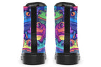 Boots featuring a busy pattern of psychedelic-looking frogs in hues of blues, purples, greens and yellows.