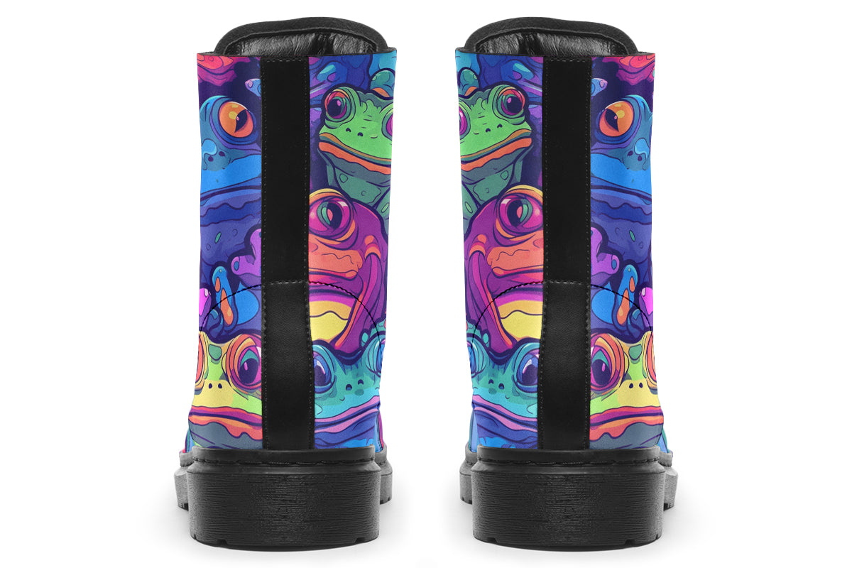 Boots featuring a busy pattern of psychedelic-looking frogs in hues of blues, purples, greens and yellows.