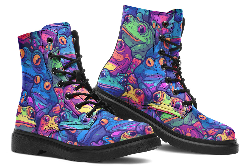 Boots featuring a busy pattern of psychedelic-looking frogs in hues of blues, purples, greens and yellows.