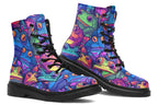 Boots featuring a busy pattern of psychedelic-looking frogs in hues of blues, purples, greens and yellows.