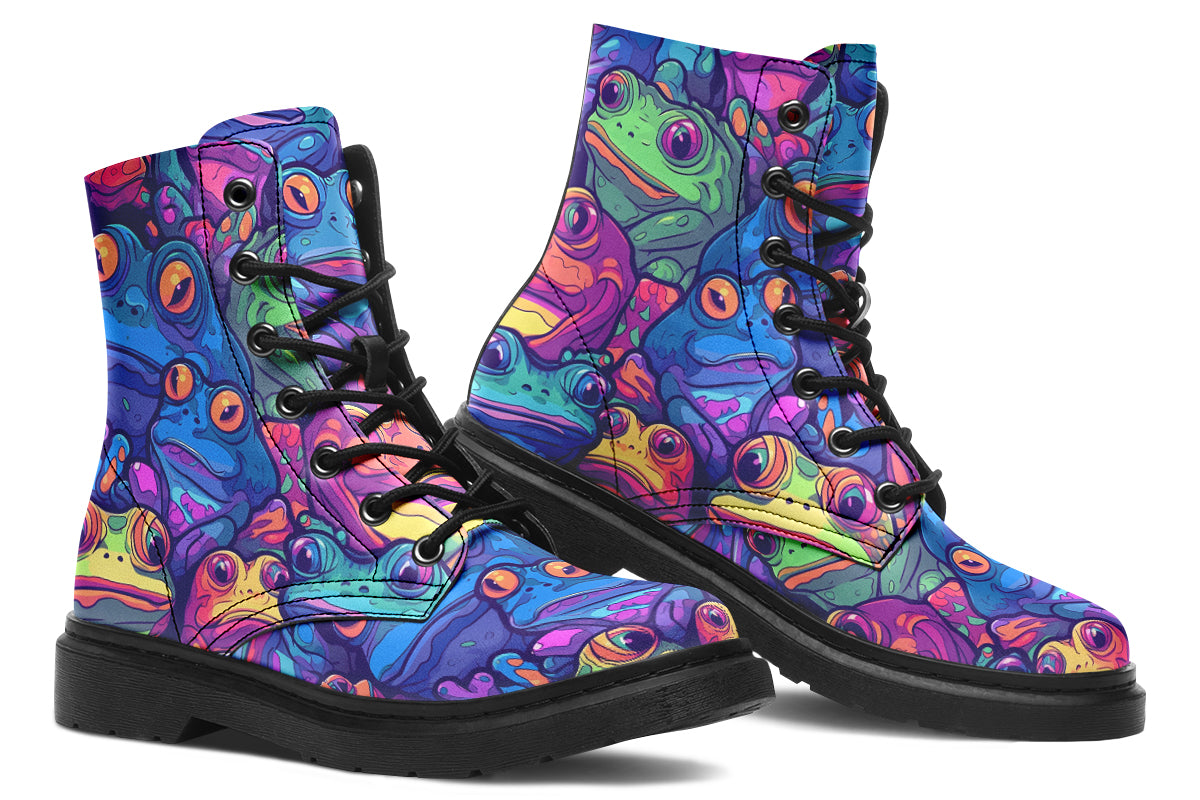 Boots featuring a busy pattern of psychedelic-looking frogs in hues of blues, purples, greens and yellows.