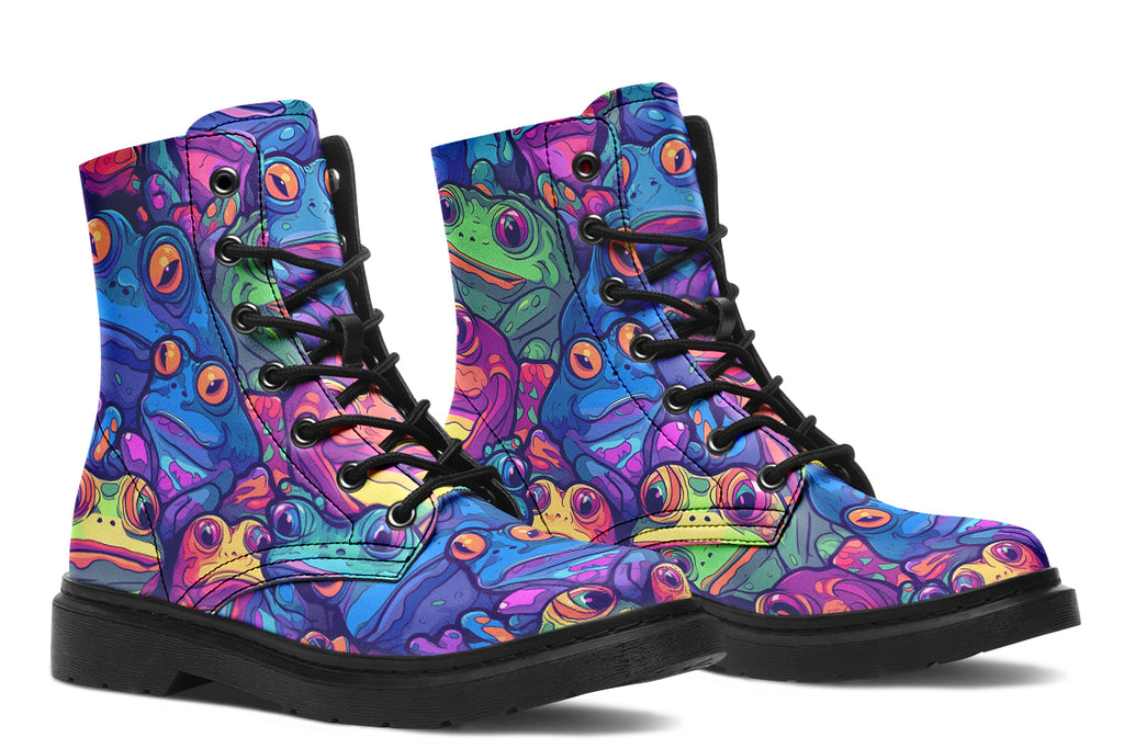 Boots featuring a busy pattern of psychedelic-looking frogs in hues of blues, purples, greens and yellows.