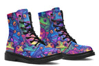 Boots featuring a busy pattern of psychedelic-looking frogs in hues of blues, purples, greens and yellows.