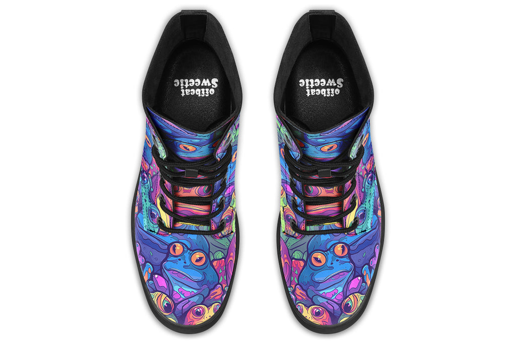 Boots featuring a busy pattern of psychedelic-looking frogs in hues of blues, purples, greens and yellows.