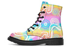 Colourful Indigenous Australian pattern in pastel rainbow colours.