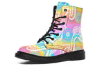 Colourful Indigenous Australian pattern in pastel rainbow colours.