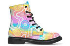 Colourful Indigenous Australian pattern in pastel rainbow colours.