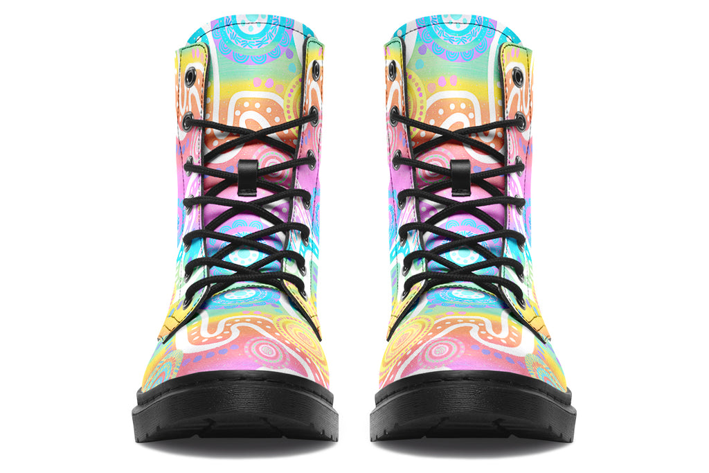 Colourful Indigenous Australian pattern in pastel rainbow colours.