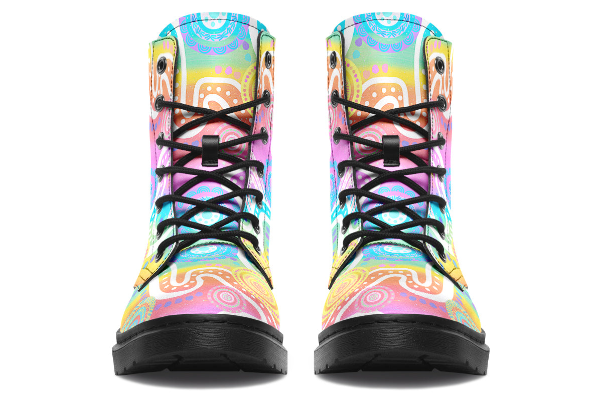 Colourful Indigenous Australian pattern in pastel rainbow colours.