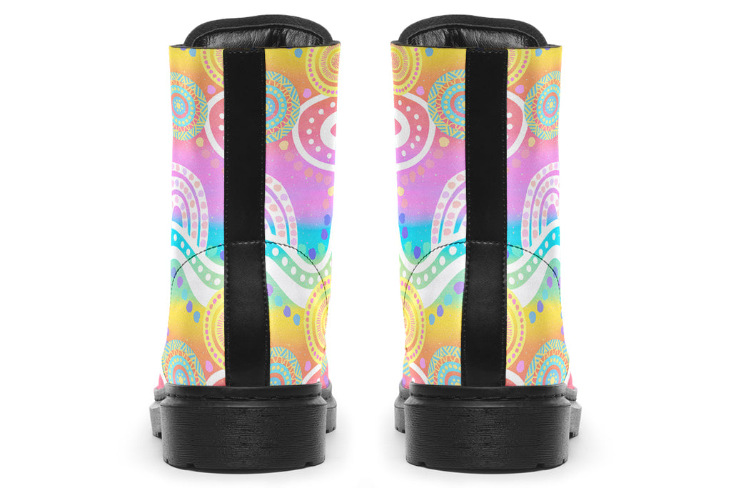 Colourful Indigenous Australian pattern in pastel rainbow colours.