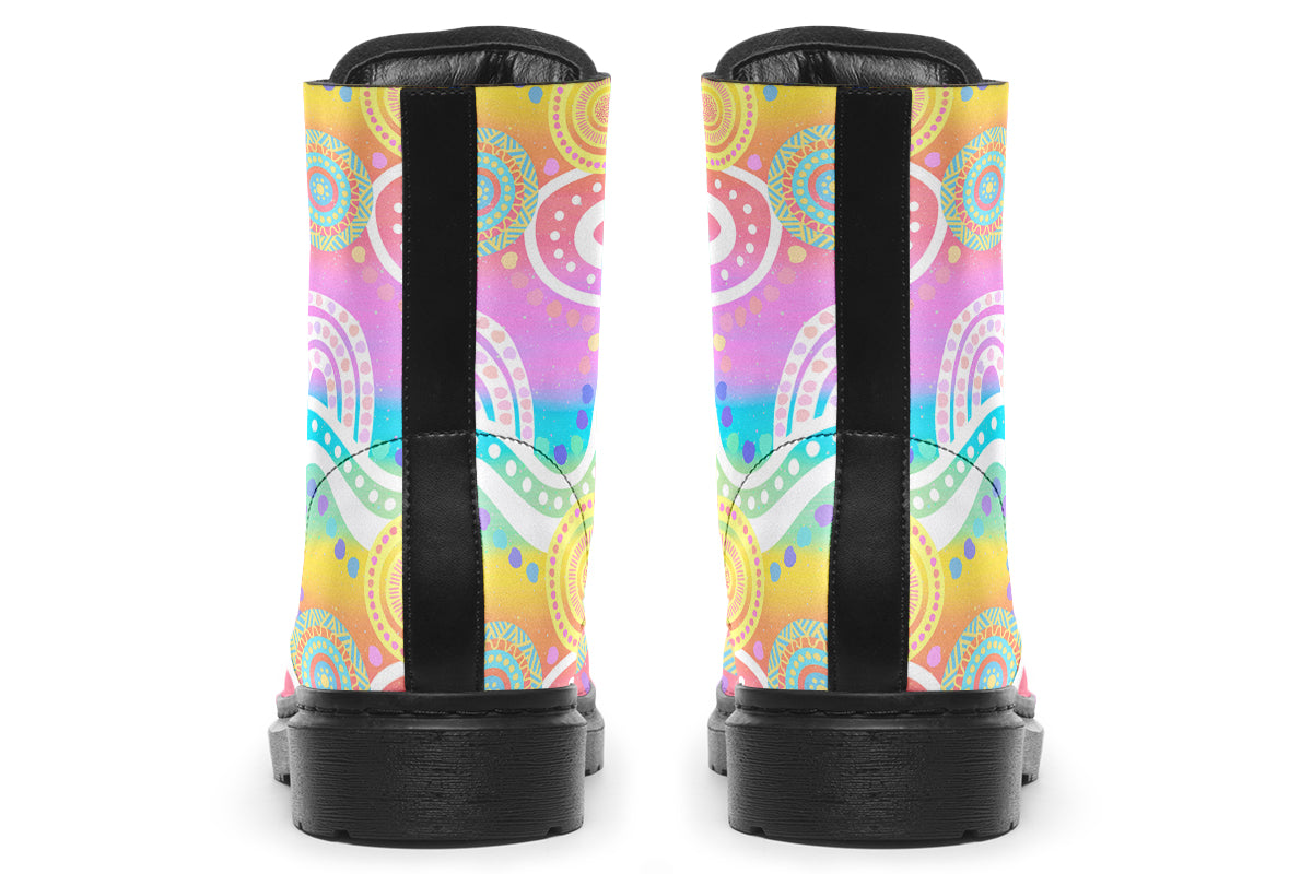 Colourful Indigenous Australian pattern in pastel rainbow colours.