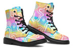 Colourful Indigenous Australian pattern in pastel rainbow colours.