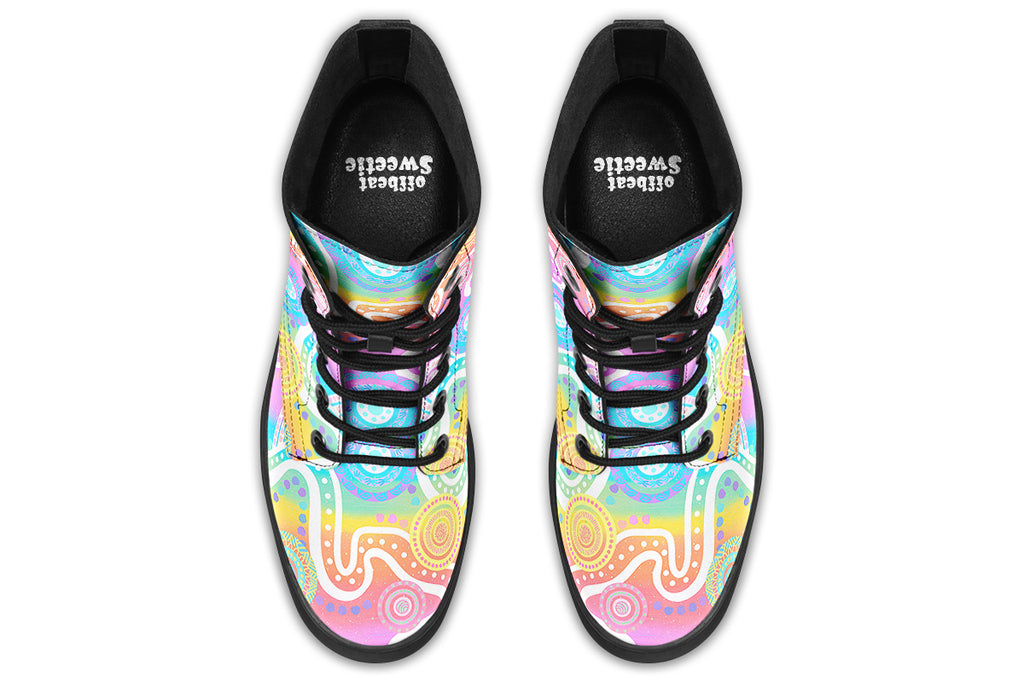 Colourful Indigenous Australian pattern in pastel rainbow colours.