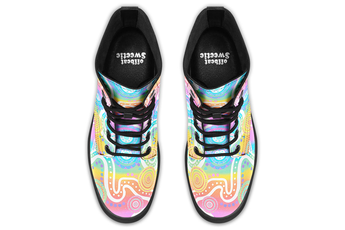 Colourful Indigenous Australian pattern in pastel rainbow colours.