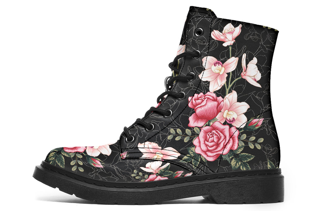 Black boots with pink floral design