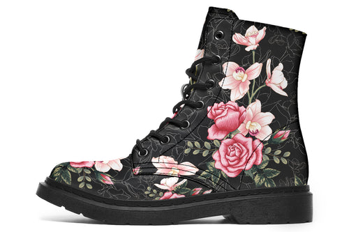 Black boots with pink floral design