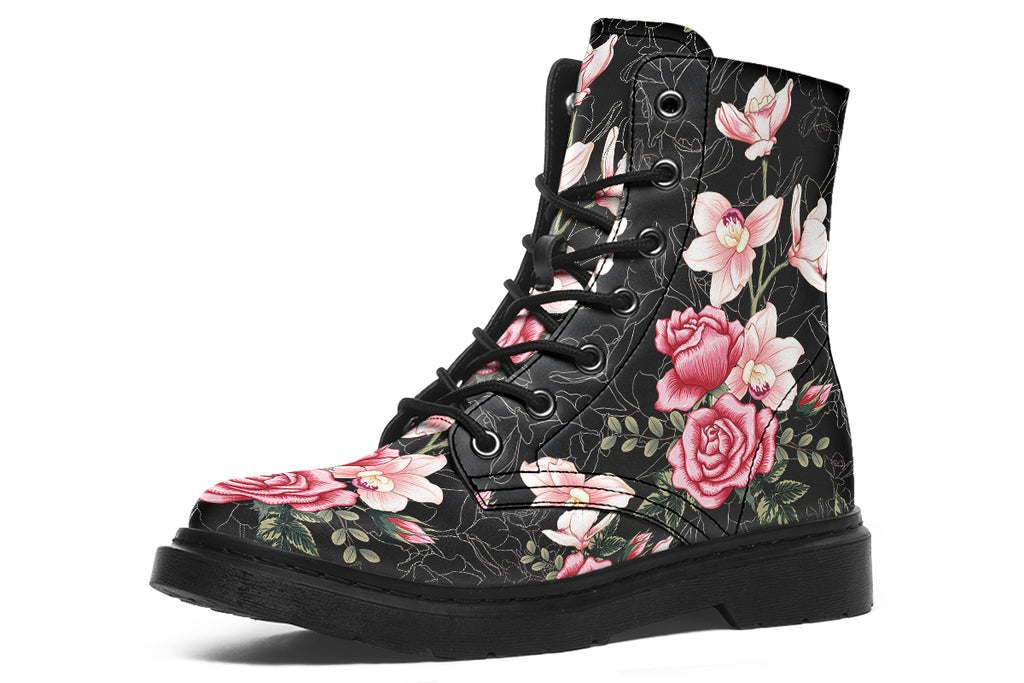 Black boots with pink floral design