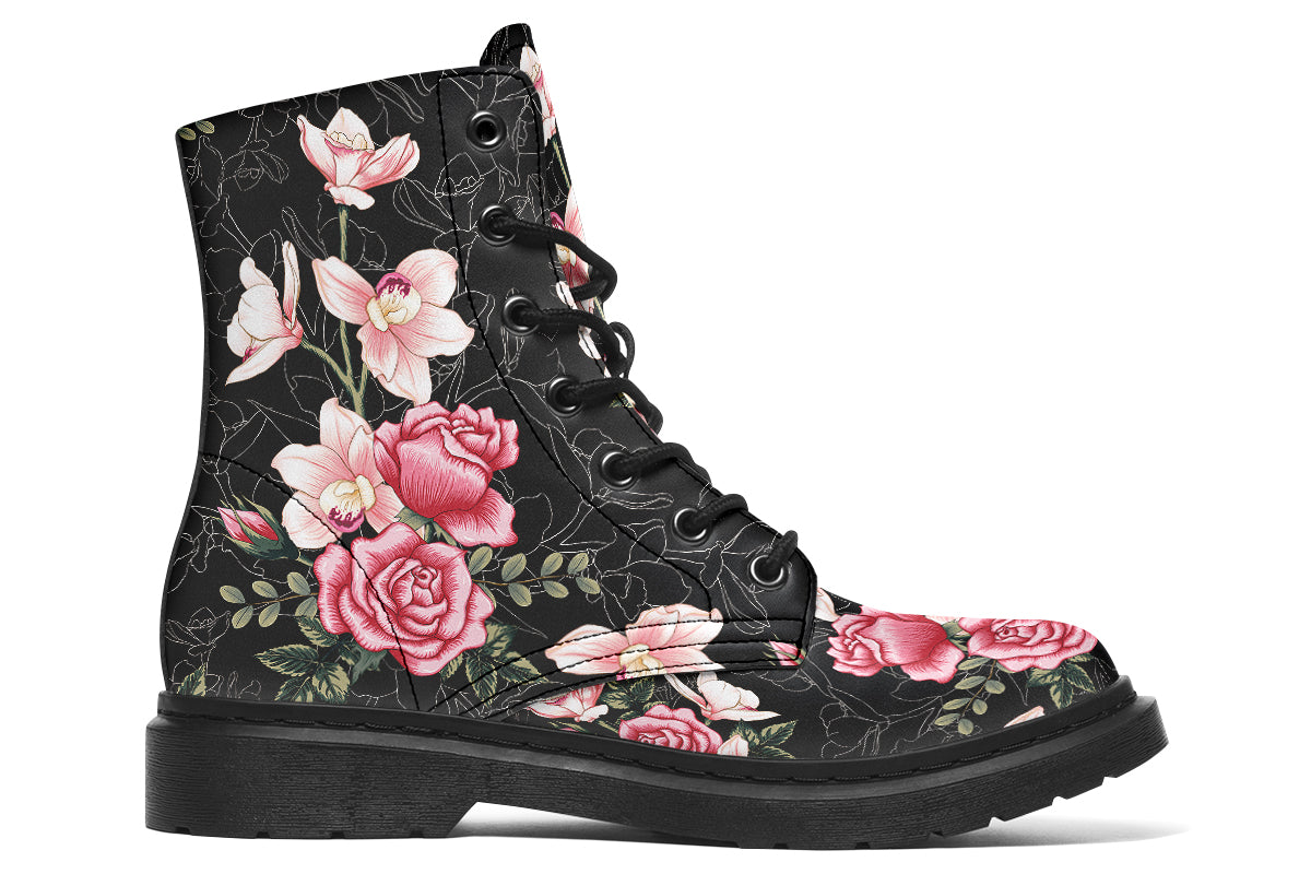 Black boots with pink floral design