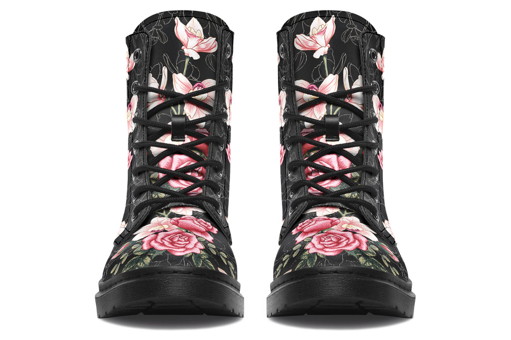 Black boots with pink floral design