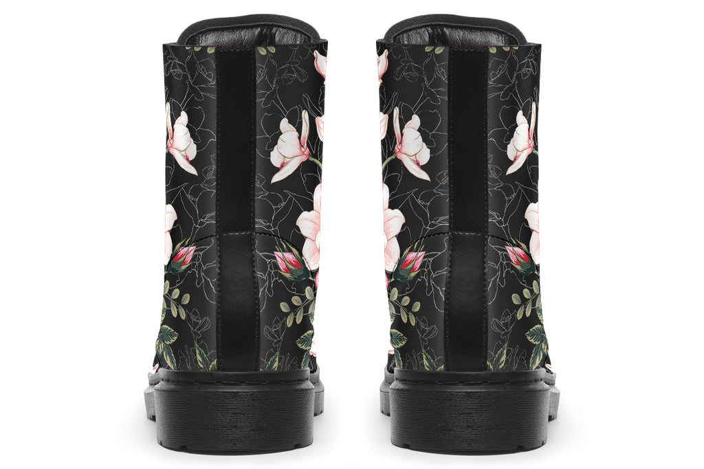 Black boots with pink floral design