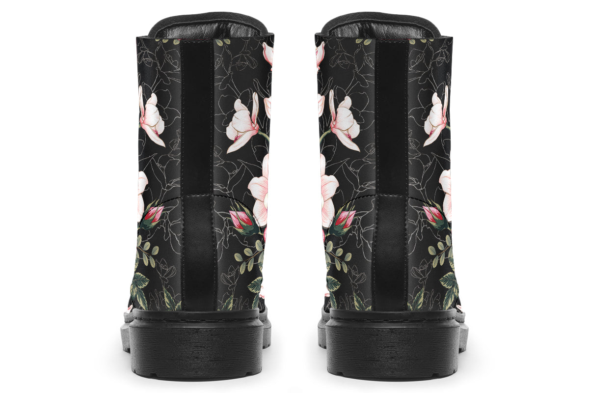Black boots with pink floral design