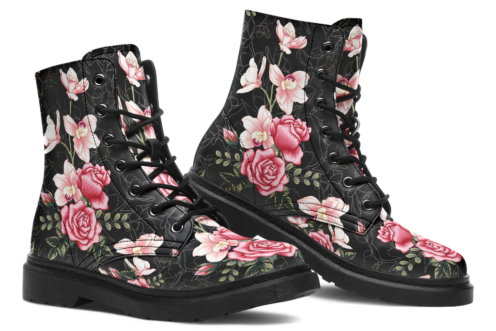 Black boots with pink floral design