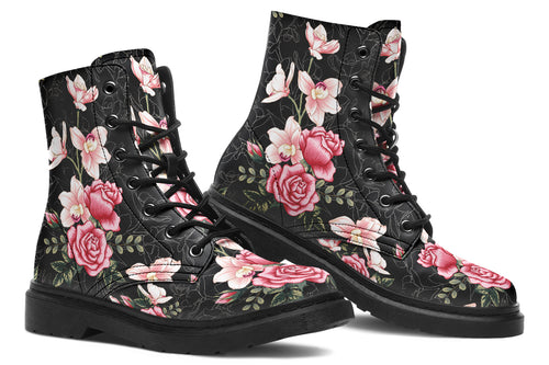Black boots with pink floral design